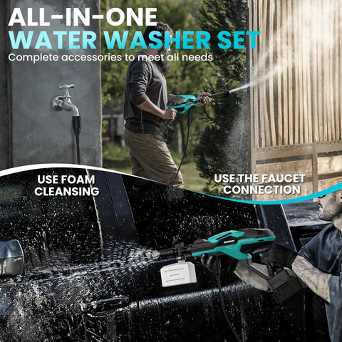 Man using Cordless Portable Washer 800 PSI With Brushless Motor, Six In One Nozzle for cleaning car and fence.