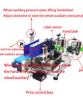 High Speed Automatic Round Bottle Labeling Machine With Desktop Conveyor Setup. Detailed view of label sensor, printer, and control box.