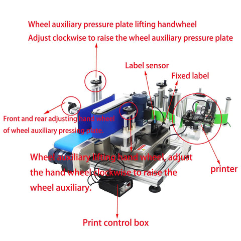 High Speed Automatic Round Bottle Labeling Machine With Desktop Conveyor Setup. Detailed view of label sensor, printer, and control box.
