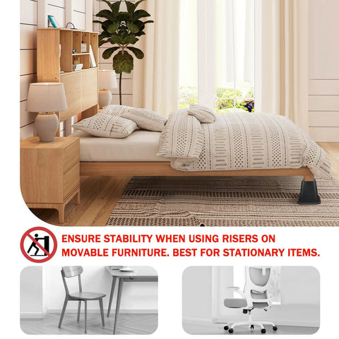 Bedroom scene with bed on Six Pack 6 Inch Heavy Duty Bed Riser Set With Non Slip Base For Bed Frame Sofa Desk Table Or Chair