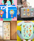24 Sheets Hot Air Balloon Make A Face Stickers Set used on gift box, laptop, fridge, and luggage for DIY crafts and party games.