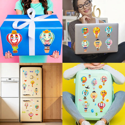 24 Sheets Hot Air Balloon Make A Face Stickers Set used on gift box, laptop, fridge, and luggage for DIY crafts and party games.