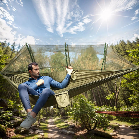 Man relaxing in Go-To Portable Camping Hammock With Mosquito Net for Outdoor Adventures, green tent in a forest setting.