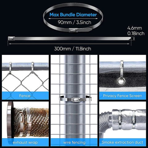 Heavy Duty 304 Stainless Steel Zip Ties 11.8 Inches Metal Cable Ties for securing wire fencing and exhaust wraps outdoors.