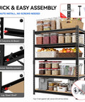 5 Tier Beefy Heavy Duty Metal Storage Shelving Rack With Adjustable Shelves, 3000 Lb Total Capacity, 60 Inch High, 28 Inch Wide, 12 Inch Deep, Ideal for Garage, Warehouse, Pantry, Kitchen, and Office. Black metal shelving rack in pantry with jars and baskets, quick assembly