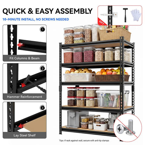 5 Tier Beefy Heavy Duty Metal Storage Shelving Rack With Adjustable Shelves, 3000 Lb Total Capacity, 60 Inch High, 28 Inch Wide, 12 Inch Deep, Ideal for Garage, Warehouse, Pantry, Kitchen, and Office. Black metal shelving rack in pantry with jars and baskets, quick assembly