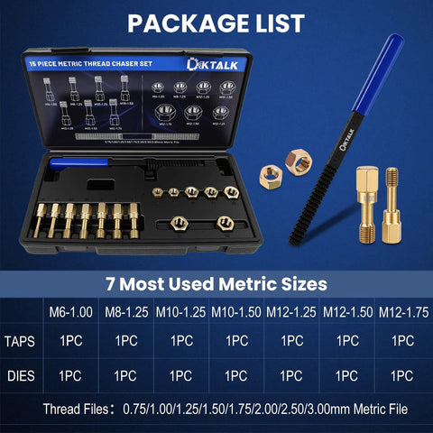 15 Piece Metric Thread Chaser Set With 7 Taps And 7 Dies Plus Thread Restorer File For Automotive And DIY Rethreading In Durable Case Pro Grade Tool M6x1.0 M8x1.25 M10x1.25 M10x1.5 M12x1.25 M12x1.5 M12x1.75, shown with case and tools