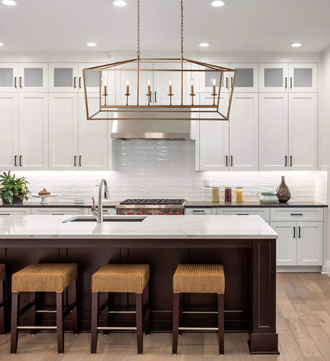 Solid Six Light Pagoda Pendant Ceiling Lamp Offering Wide Forty Nine Inch Open Wire Cage Frame Finished In Classy Antique Gold Color Combined With Timeless Energy Saving Led Bulbs For Quick Home Glow Up And Easy Install in a modern kitchen.
