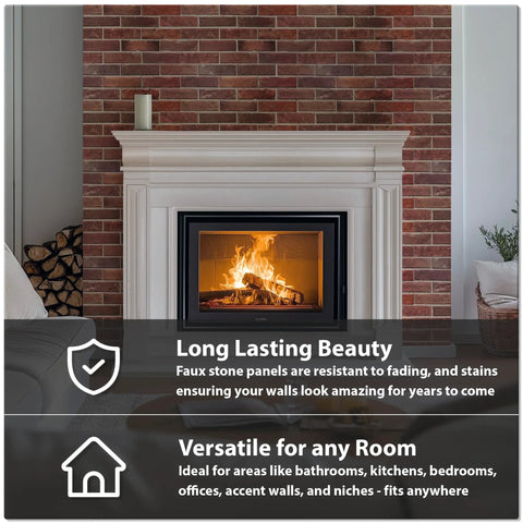 3D Faux Brick Wall Panels Set Of 10 In Red PVC for realistic stone texture behind fireplace with text overlay on durability