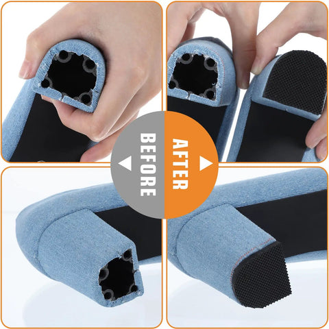8 Pack High Heel Patches Rubber Heel Caps Non Slip Tread Pads Replacement Square Soles For Heels Durable Anti Slip Protectors For Boots And Shoes Easy Install 6.2x6.2x0.4 cm, showing before and after installation.