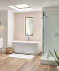 Modern bathroom with Studio S Shower Trim Kit with One Piece Ceramic Cartridge and Double Ceramic Pressure Balance, polished chrome.