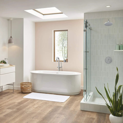 Modern bathroom with Studio S Shower Trim Kit with One Piece Ceramic Cartridge and Double Ceramic Pressure Balance, polished chrome.