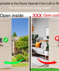 Illustration of No Drill Anti Theft Video Doorbell Mount for Apartment Rentals on inward swing doors, suitable for doors 0.59-2.36 inches thick.