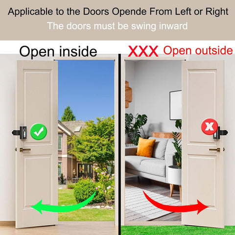 Illustration of No Drill Anti Theft Video Doorbell Mount for Apartment Rentals on inward swing doors, suitable for doors 0.59-2.36 inches thick.