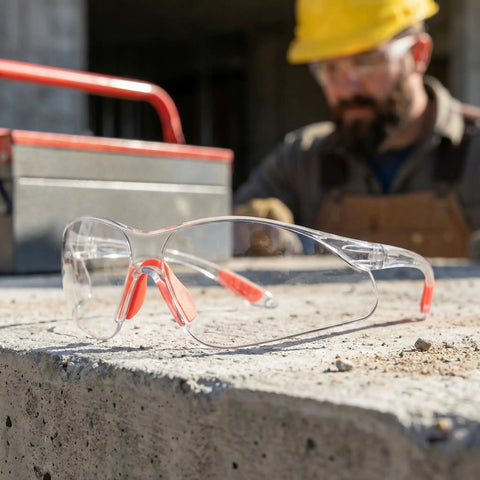 Straight Up Durable Four Pack Kickass Wraparound Safety Glasses Featuring Soft Silicone Frames And Ansi Z871 Certified Lenses For Slick Everyday Eye Protection That Hits Just Right on a worksite with a blurred worker in the background.