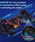 RC car with installed Dual 30mm RC Car Cooling Fans With Metal Heatsink, Up To 28000 RPM, shown enhancing motor cooling.