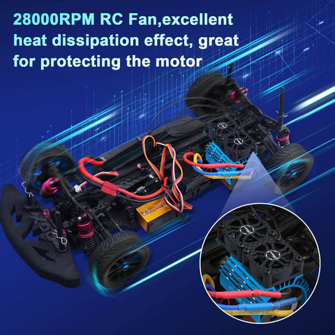 RC car with installed Dual 30mm RC Car Cooling Fans With Metal Heatsink, Up To 28000 RPM, shown enhancing motor cooling.