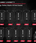 One Half Inch Drive Deep Impact Socket Set, 11-Piece Metric Socket Kit with 27mm to 38mm sizes, displayed on black background.