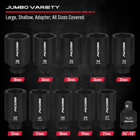 One Half Inch Drive Deep Impact Socket Set, 11-Piece Metric Socket Kit with 27mm to 38mm sizes, displayed on black background.