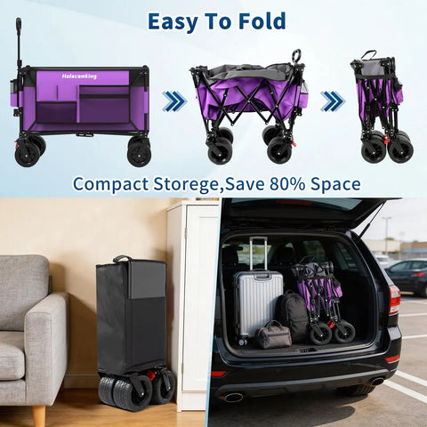Heavy Duty Collapsible Wagon With Removable Sun Cover, All Terrain Big Wheels And Dual Brakes, Extra Large Grocery Cart for easy storage.