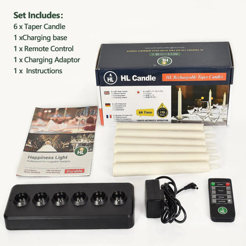 Rechargeable LED Taper Candles With Remote, Flameless Flickering Light For Home Parties And Restaurants, Amber 6 Pack, 0.87 X 7.88 Inches, 170 Hour Runtime, Includes Charger Base And 10 Key Remote