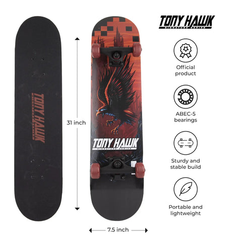 31 Inch Pro Trucks Skateboard With Full Grip Tape And 9 Ply Maple Deck for all skill levels, illustrated top and bottom view
