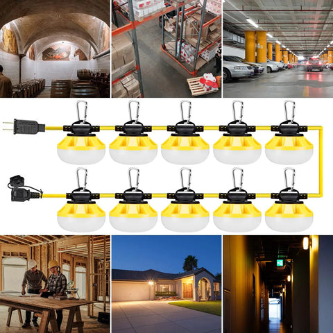 Heavy Duty 10000 Lumen LED Construction String Lights for Jobsite, 100 Ft with 10 Ultra Bright Lamps, weatherproof design