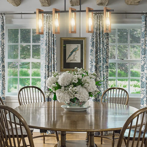 Dining room with Five Light Farmhouse Chandelier With Hand Painted Wood Accents And Black Finish Rustic Semi Flush Mount Ceiling Light