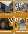 Metal RC Wheel Loader Toy with 9 Channel Remote featuring metal bucket, detailed cab, rubber tires, and painting process.