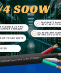 Rock Solid 30 Foot 8 4 SOW Cable Wire 8 Gauge Four Conductor 600 Volt displayed with specifications for flexibility and voltage rating.