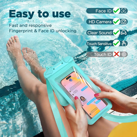 Waterproof Phone Pouch 2 Pack Up To Eight Point Eight Inches Double Bag IPX8 Case showing phone use by poolside