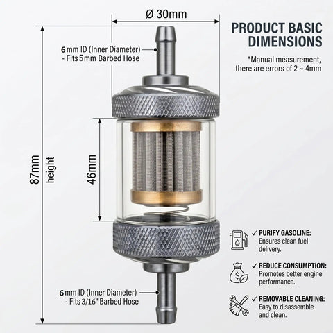 Universal Inline Fuel Filter Kit With Clear View Filter 5mm dimensions with hose clamps for motorcycle ATV dirt bike engines