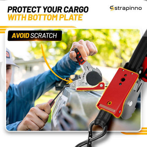 Auto Self Retracting Ratchet Straps 1in x 10ft, 1,500 Lbs Break Strength used by person to secure cargo, avoid scratch