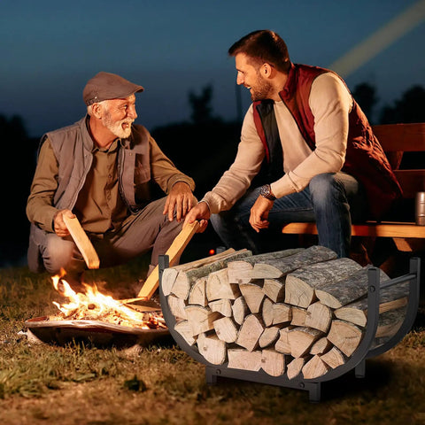 Heavy Duty 30 Inch Firewood Rack For Indoor And Outdoor Use, Rustproof Steel Log Holder near campfire at night