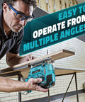Side view of turquoise Cerycose cordless jig saw with laser guide cutting wood on a workbench