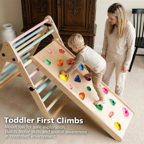 Child climbing on a wooden wall with 32 Pack Rock Climbing Holds For Kids And Grownups Multi Size Grips in living room setting.