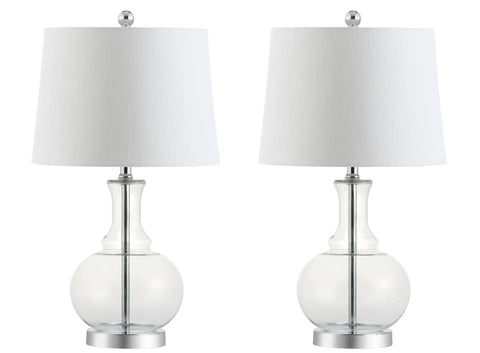 25 Inch Clear Chrome And Brass Glass Table Lamps Set Of 2 With White Linen Drum Shades, Modern Bedside Lamps