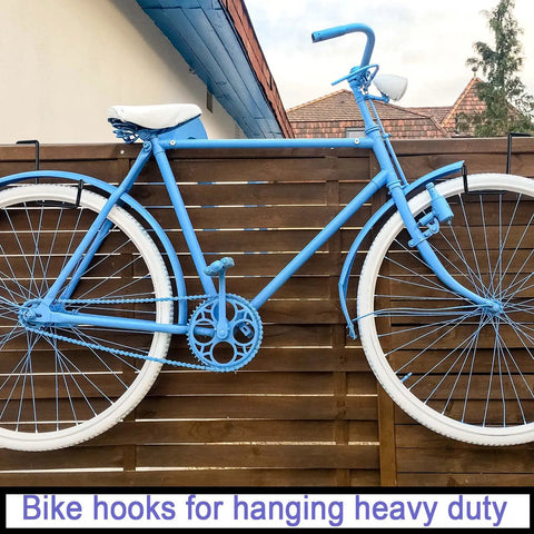 Vinyl Coated Heavy Duty Rafter Hooks For Hanging Tools Bikes Ladders Hoses Ropes Pool Gear Garage Organizer Storage Solution 4 Pack Rust Resistant Non Slip Steel Hanger Hooks For Home Workshop with blue bike displayed.