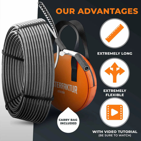 Drill Attachment Drain Snake 2.0 For 35 Ft One Quarter Inch Cable with carry bag and video guide features highlighted