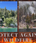 Before and after images of a house with a Wildfire Protection Sprinkler System. Left: green trees; right: area affected by wildfire.