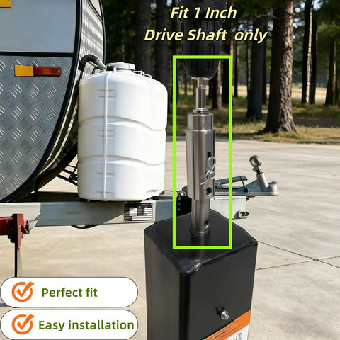 Rock Solid One Inch Drive Trailer Jack Drill Adapter For Up To Twelve Thousand Pound Rigs Works With Standard Cordless Or Gas Drills Up To Five Hundred RPM easy installation on a trailer.