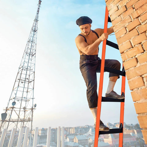 Man using Emergency Fire Escape Rope Ladder for Home Windows and Balconies, Quick Deploy 9.8 Ft to 49 Ft on a rooftop