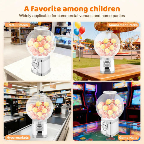 White Coin Operated Vending Cabinet And Premium Candy Dispenser For Home Arcade Or Retail Counter Big Time Five Hundred Ball Storage in retail and amusement settings.