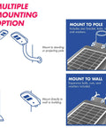 Diagram showing 2000 Lumen Solar Street Light With Motion Sensor, Remote Control, Dusk To Dawn Flood Light mounting options.