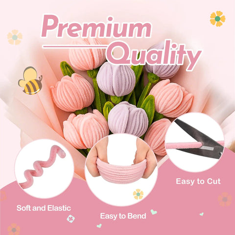 Ultimate Pipe Cleaners Craft Kit For DIY Flowers 400 Chenille Stems in pink and green shown with floral wire and tools
