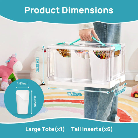 Person holding 24 Quart Clear Plastic Craft Organizer With Six Detachable Inserts For Art Supplies And Tools, dimensions shown