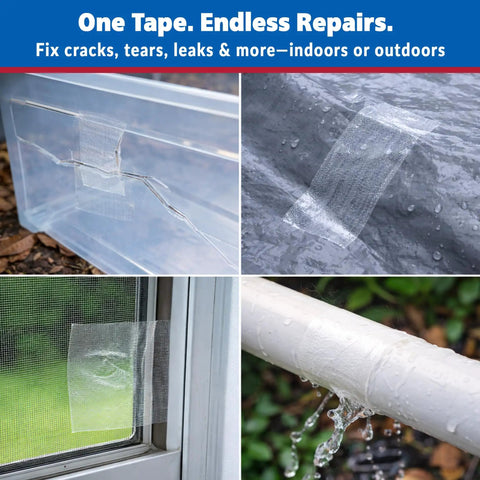 Clear Repair Tape 2 Inch By 20 Yards Semi Transparent Duct Tape For Discreet Repairs Waterproof shown on glass, tarp, screen, and pipe