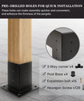 Beefed Up Three Way Right Angle Pergola Brackets Kit For 4x4 Posts, showing pre-drilled steel bracket attached to wooden post.
