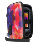 Hard Shell Thermal Camera Case With Waterproof Exterior And Soft Lined Interior For Scratch Protection Fits FLIR C5 C3 X Seek Reveal XR And Other Infrared Cameras With Wrist Strap And Interior Elastic Straps, side view with textured colorful design and visible camera display