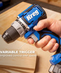 Top Shelf 20 Volt Cordless Compact Power Drill With Kicksome Torque And One Half Inch Keyless Chuck For Tough Diy Chores Variable Speed Switch Plus Dual Range Gearbox And Bright Led Work Lamp Badass Bare Tool Setup, showing variable speed trigger and half inch chuck.
